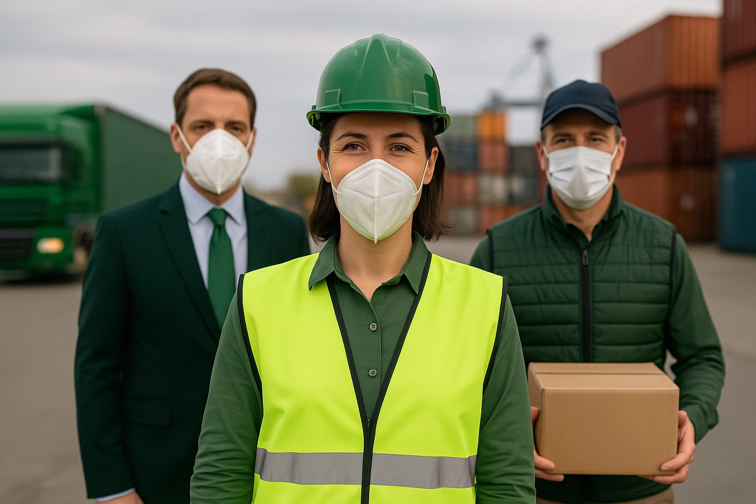 Imagen de personas en entorno logístico internacional (puerto, almacén o transporte), en estilo corporativo profesional, predominando los colores verdes corporativos de Logistics Express