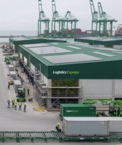 Imagen panorámica realista de un parque logístico moderno en construcción y expansión, con plataformas automatizadas, almacenes verdes y grúas portuarias al fondo.